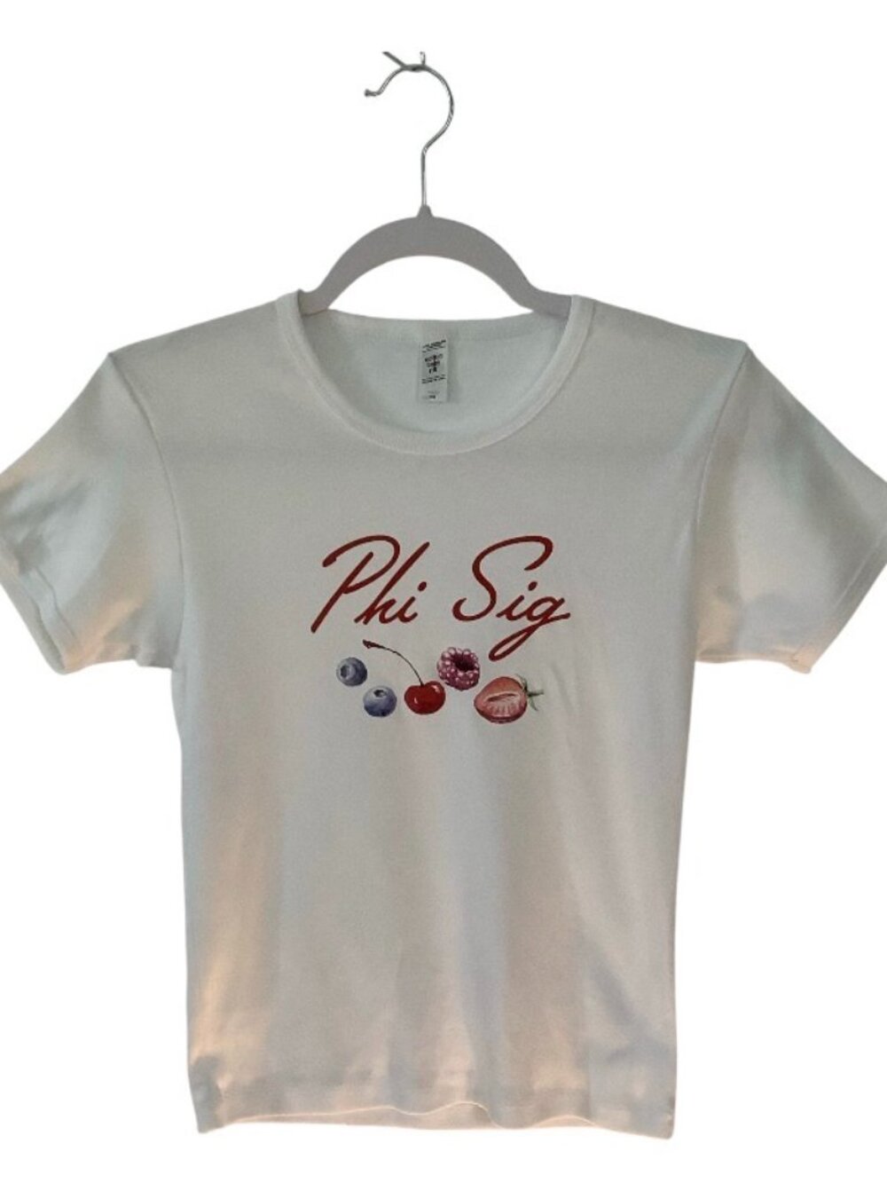 The Hang Loose Hut "very berry" white Phi Sig t-shirt. Made in the USA! Size M